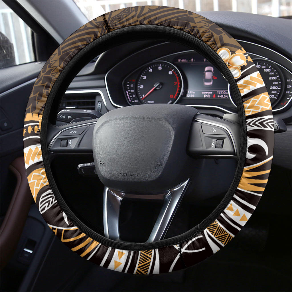 Orange Black Aloha Hawaii Steering Wheel Cover Polynesian Shark Tattoo Plumeria