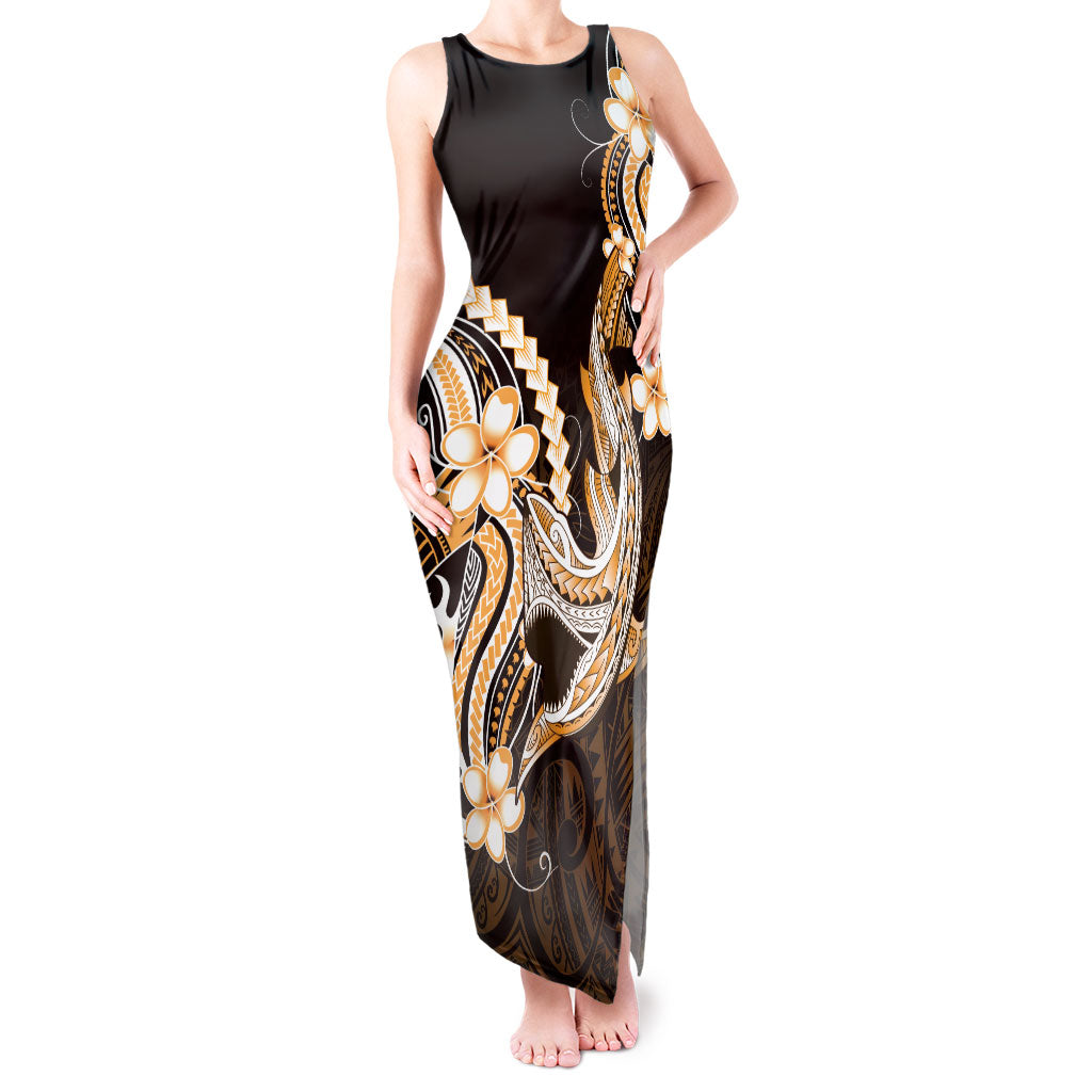 Orange Black Aloha Hawaii Tank Maxi Dress Polynesian Shark Tattoo Plumeria