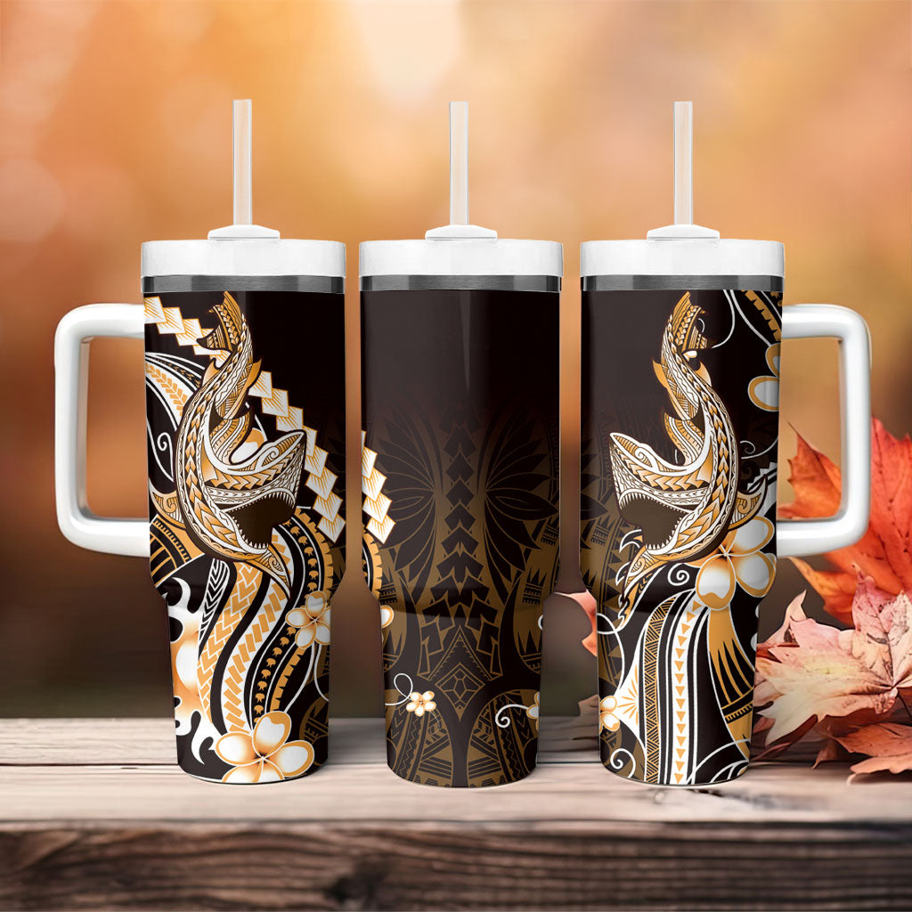 Orange Black Aloha Hawaii Tumbler With Handle Polynesian Shark Tattoo Plumeria