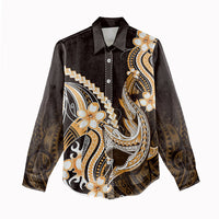 Orange Black Aloha Hawaii Women Casual Shirt Polynesian Shark Tattoo Plumeria