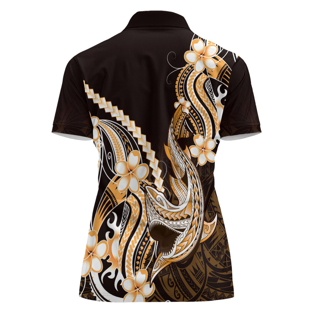 Orange Black Aloha Hawaii Women Polo Shirt Polynesian Shark Tattoo Plumeria