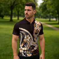 Orange Black Aloha Hawaii Zipper Polo Shirt Polynesian Shark Tattoo Plumeria