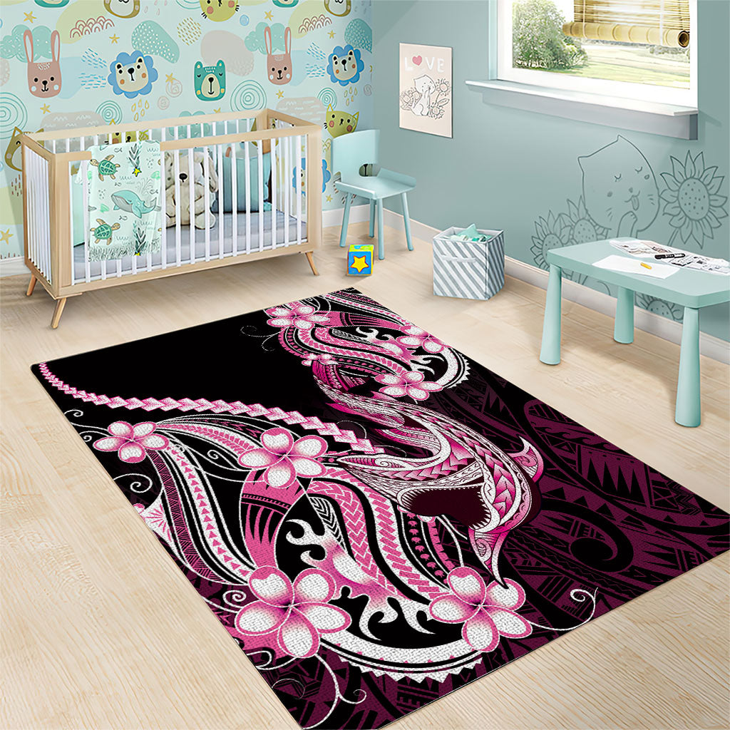 Pink Black Aloha Hawaii Area Rug Polynesian Shark Tattoo Plumeria