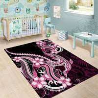 Pink Black Aloha Hawaii Area Rug Polynesian Shark Tattoo Plumeria