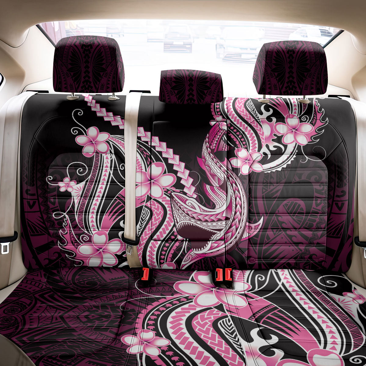 Pink Black Aloha Hawaii Back Car Seat Cover Polynesian Shark Tattoo Plumeria