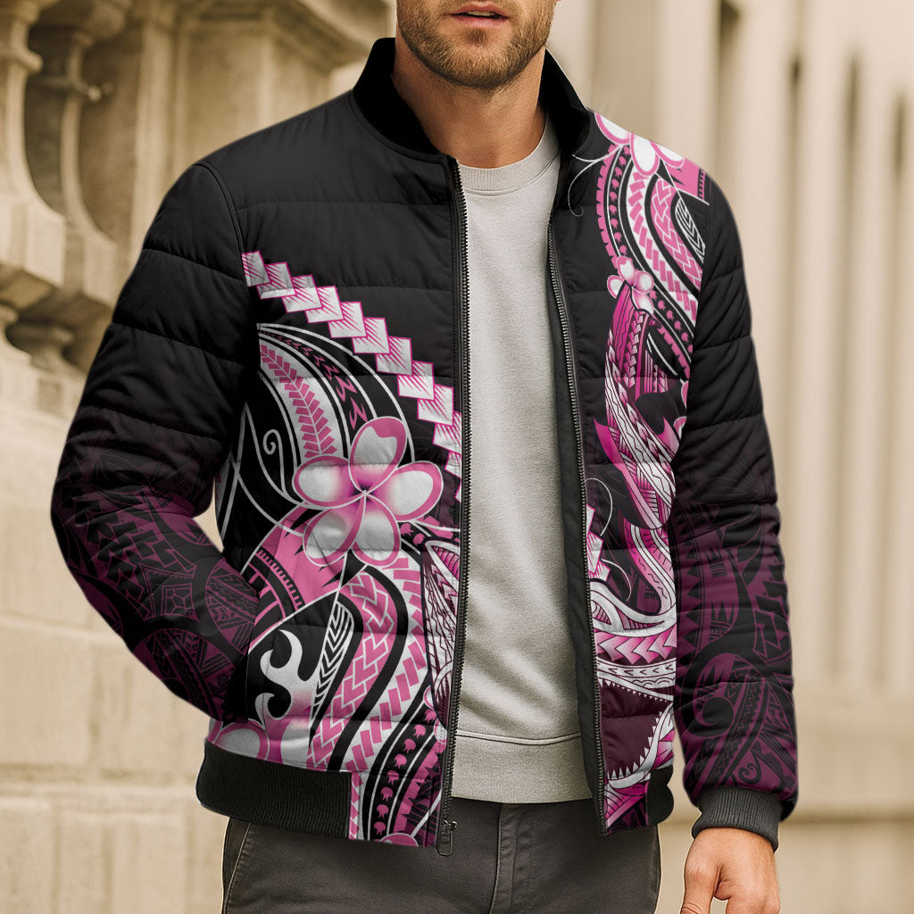 Pink Black Aloha Hawaii Bomber Puffer Jacket Polynesian Shark Tattoo Plumeria