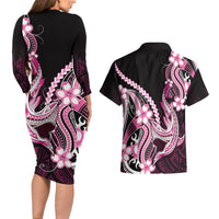 Pink Black Aloha Hawaii Couples Matching Long Sleeve Bodycon Dress and Hawaiian Shirt Polynesian Shark Tattoo Plumeria LT14 - Polynesian Pride