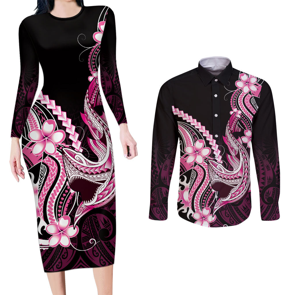 Pink Black Aloha Hawaii Couples Matching Long Sleeve Bodycon Dress and Long Sleeve Button Shirt Polynesian Shark Tattoo Plumeria