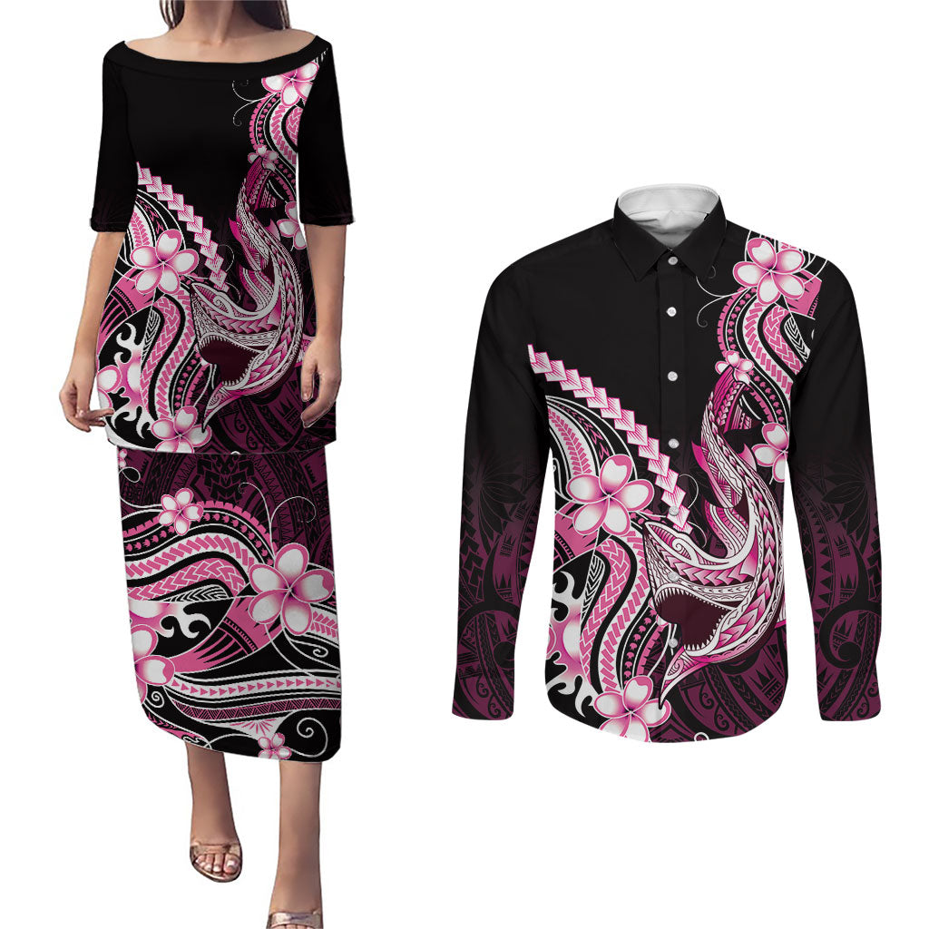Pink Black Aloha Hawaii Couples Matching Puletasi and Long Sleeve Button Shirt Polynesian Shark Tattoo Plumeria