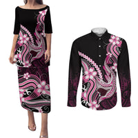 Pink Black Aloha Hawaii Couples Matching Puletasi and Long Sleeve Button Shirt Polynesian Shark Tattoo Plumeria