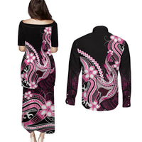 Pink Black Aloha Hawaii Couples Matching Puletasi and Long Sleeve Button Shirt Polynesian Shark Tattoo Plumeria