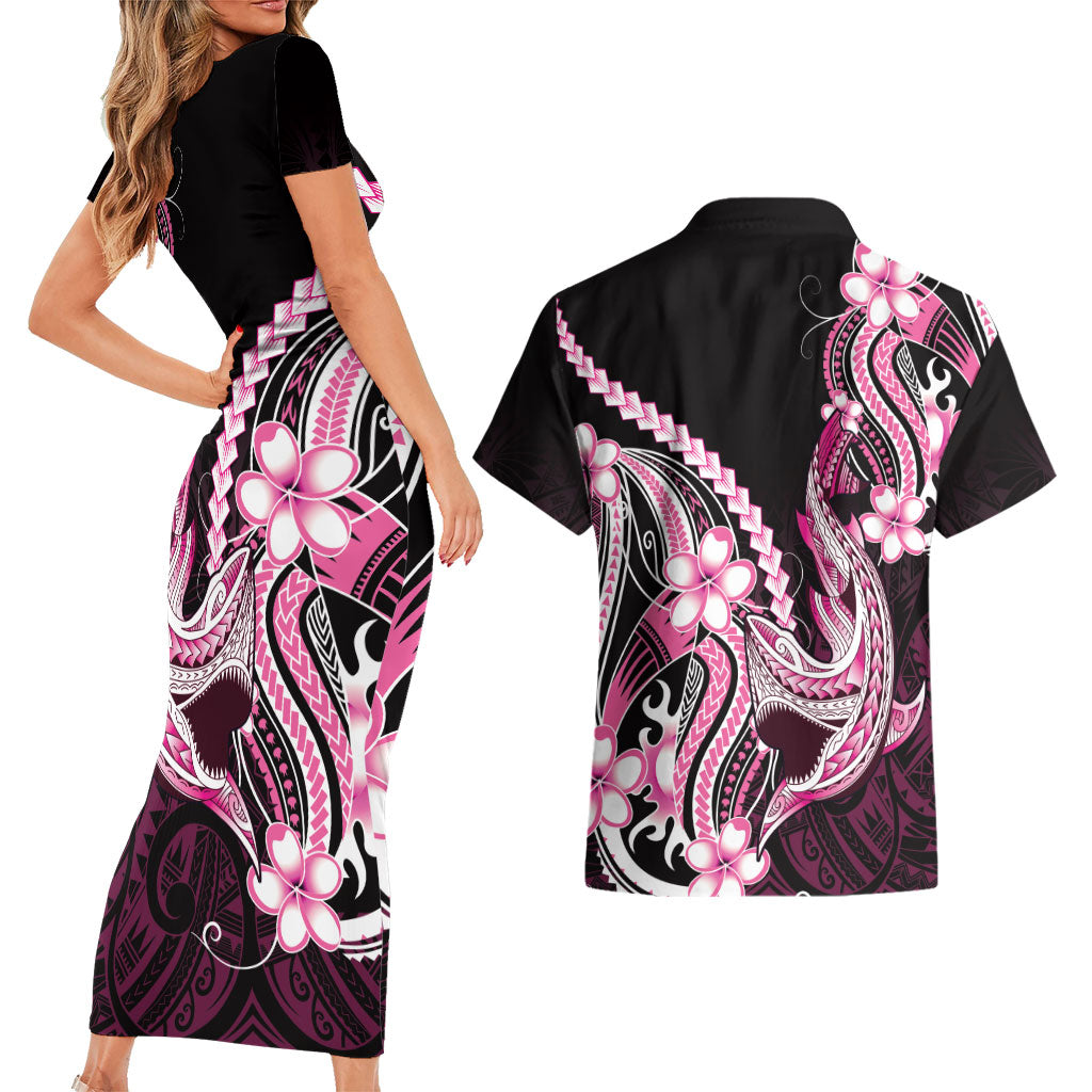 Pink Black Aloha Hawaii Couples Matching Short Sleeve Bodycon Dress and Hawaiian Shirt Polynesian Shark Tattoo Plumeria LT14 - Polynesian Pride