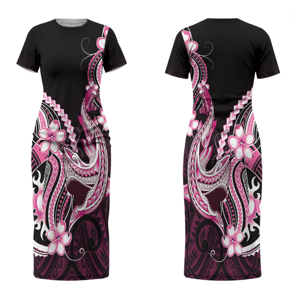 Pink Black Aloha Hawaii Couples Matching Short Sleeve Bodycon Dress and Long Sleeve Button Shirt Polynesian Shark Tattoo Plumeria LT14 - Polynesian Pride