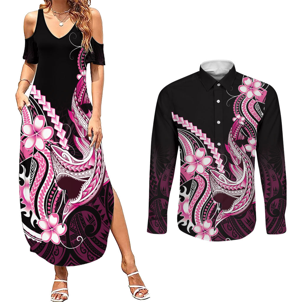 Pink Black Aloha Hawaii Couples Matching Summer Maxi Dress and Long Sleeve Button Shirt Polynesian Shark Tattoo Plumeria
