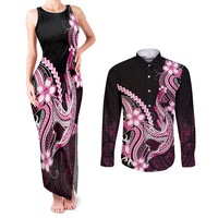 Pink Black Aloha Hawaii Couples Matching Tank Maxi Dress and Long Sleeve Button Shirt Polynesian Shark Tattoo Plumeria