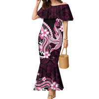 Pink Black Aloha Hawaii Family Matching Mermaid Dress and Hawaiian Shirt Polynesian Shark Tattoo Plumeria LT14 Mom's Dress Pink - Polynesian Pride