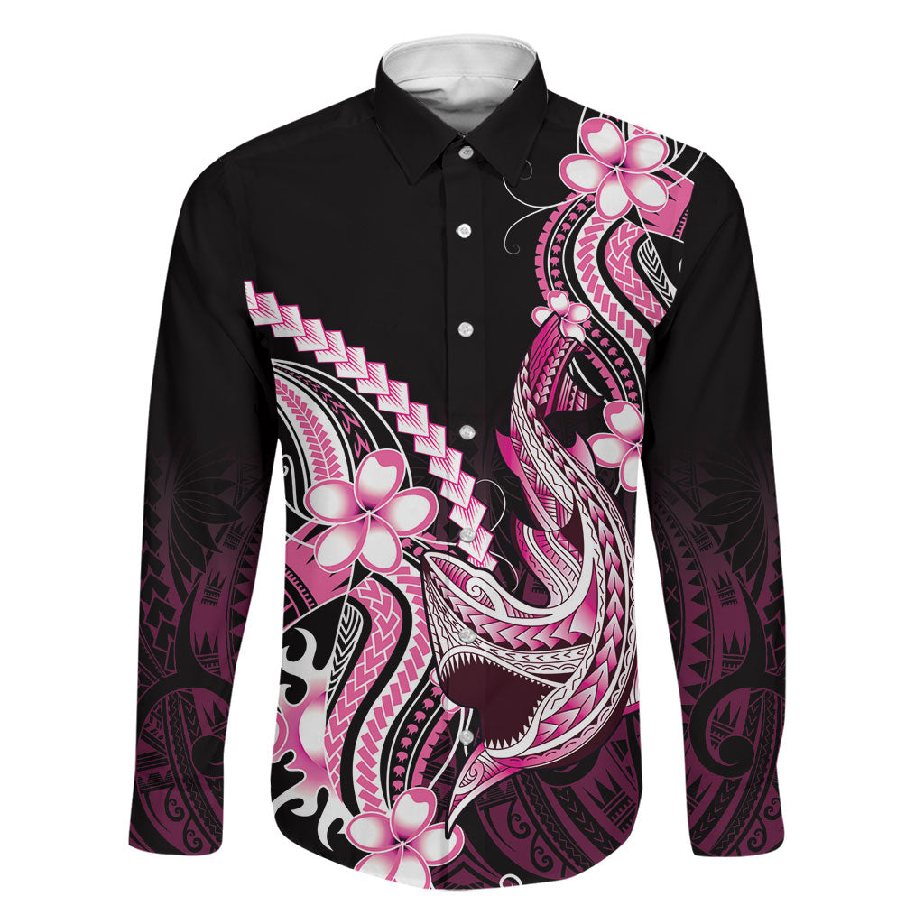 Pink Black Aloha Hawaii Family Matching Off Shoulder Maxi Dress and Hawaiian Shirt Polynesian Shark Tattoo Plumeria LT14 Dad's Shirt - Long Sleeve Pink - Polynesian Pride