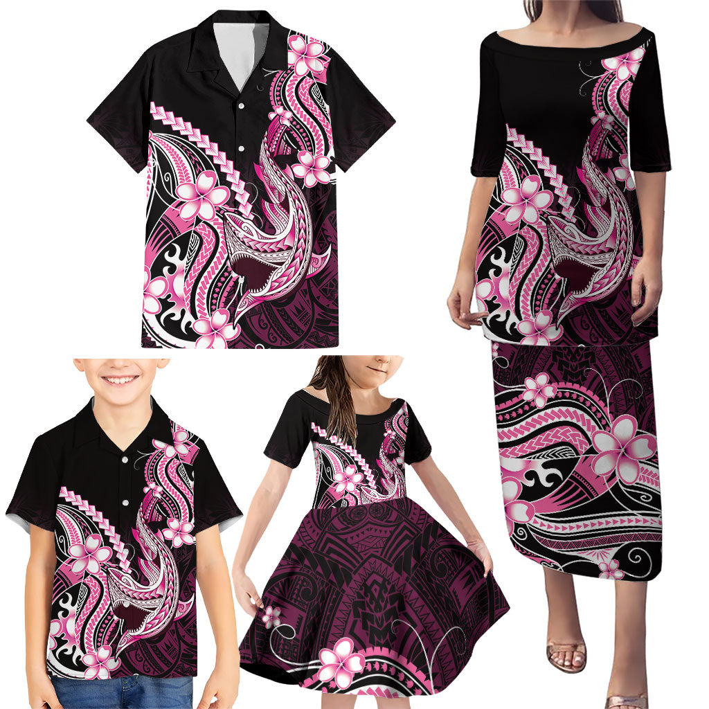 Pink Black Aloha Hawaii Family Matching Puletasi and Hawaiian Shirt Polynesian Shark Tattoo Plumeria