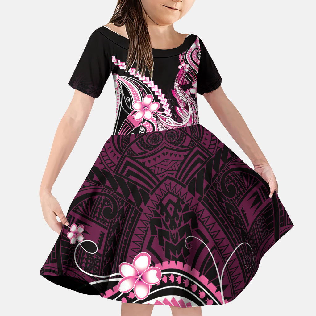 Pink Black Aloha Hawaii Family Matching Short Sleeve Bodycon Dress and Hawaiian Shirt Polynesian Shark Tattoo Plumeria LT14 Daughter's Dress Pink - Polynesian Pride