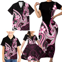 Pink Black Aloha Hawaii Family Matching Short Sleeve Bodycon Dress and Hawaiian Shirt Polynesian Shark Tattoo Plumeria LT14 - Polynesian Pride