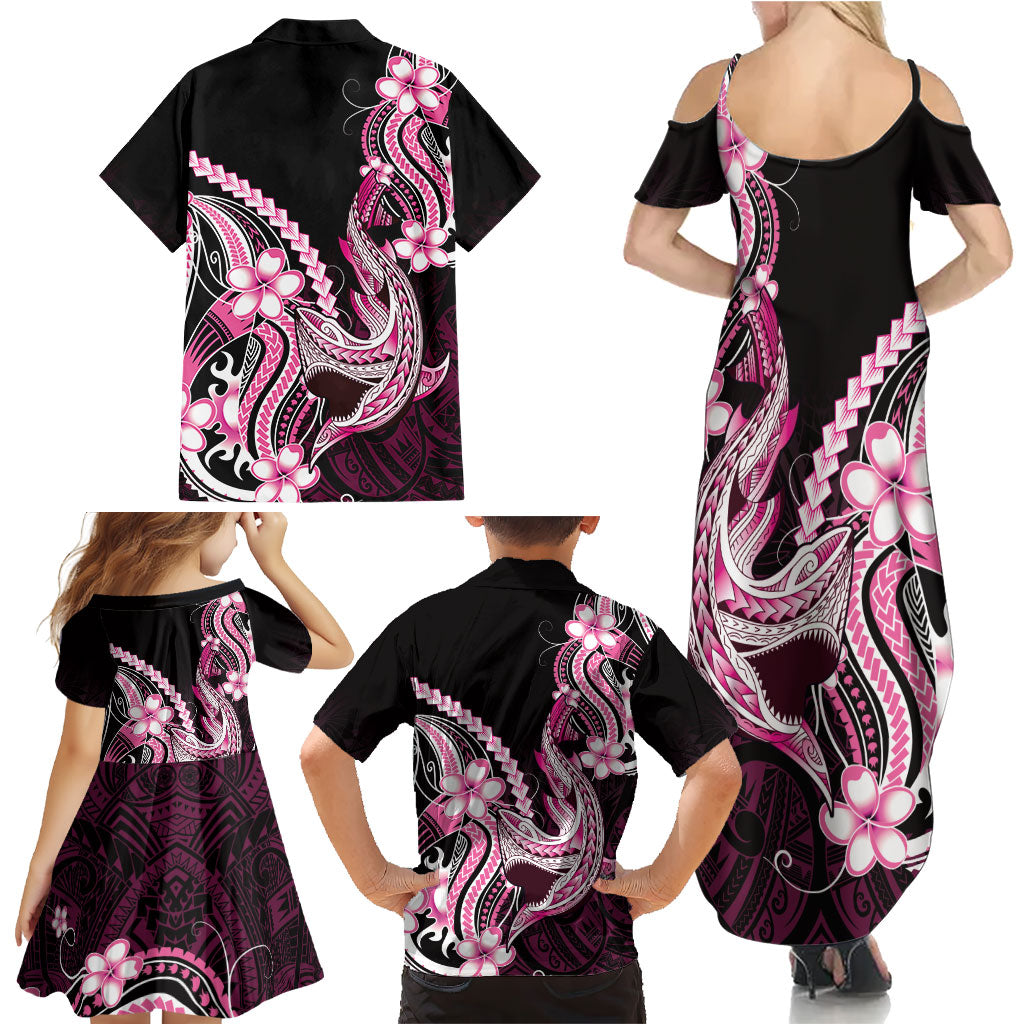 Pink Black Aloha Hawaii Family Matching Summer Maxi Dress and Hawaiian Shirt Polynesian Shark Tattoo Plumeria LT14 - Polynesian Pride