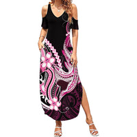 Pink Black Aloha Hawaii Family Matching Summer Maxi Dress and Hawaiian Shirt Polynesian Shark Tattoo Plumeria LT14 Mom's Dress Pink - Polynesian Pride