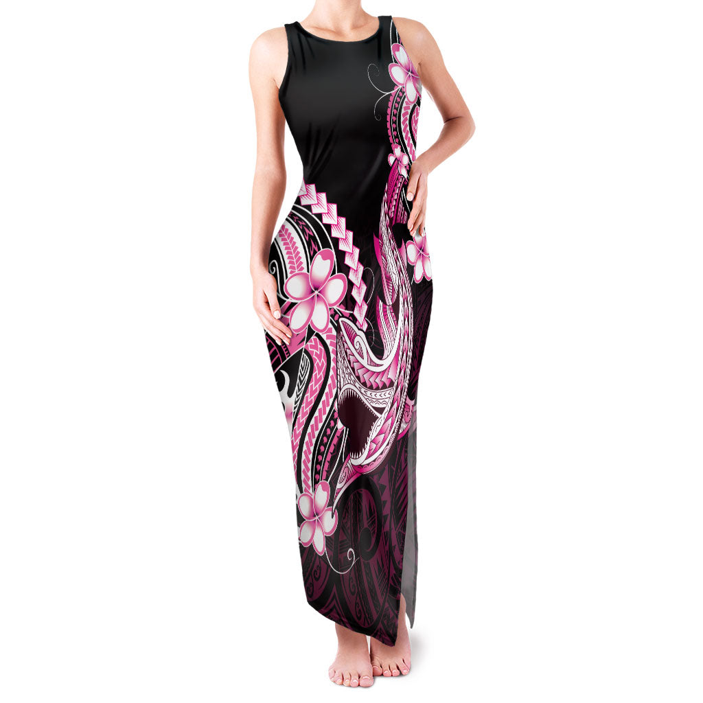 Pink Black Aloha Hawaii Family Matching Tank Maxi Dress and Hawaiian Shirt Polynesian Shark Tattoo Plumeria LT14 Mom's Dress Pink - Polynesian Pride