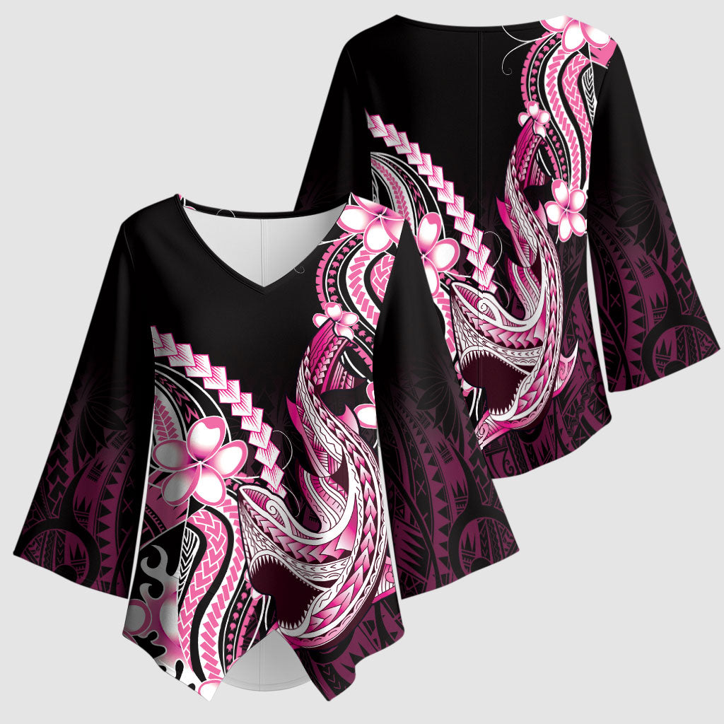 Pink Black Aloha Hawaii Kimono Sleeve Blouse Polynesian Shark Tattoo Plumeria