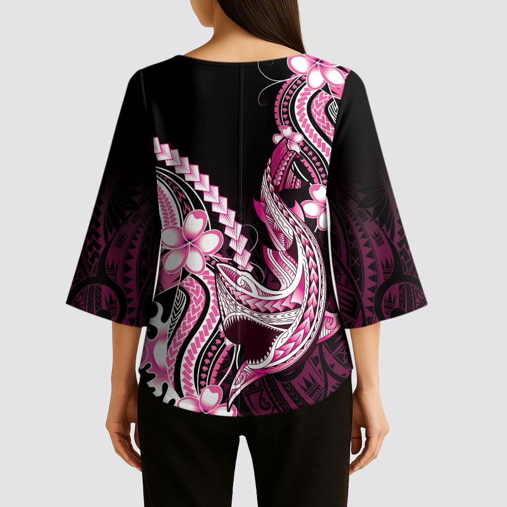 Pink Black Aloha Hawaii Kimono Sleeve Blouse Polynesian Shark Tattoo Plumeria