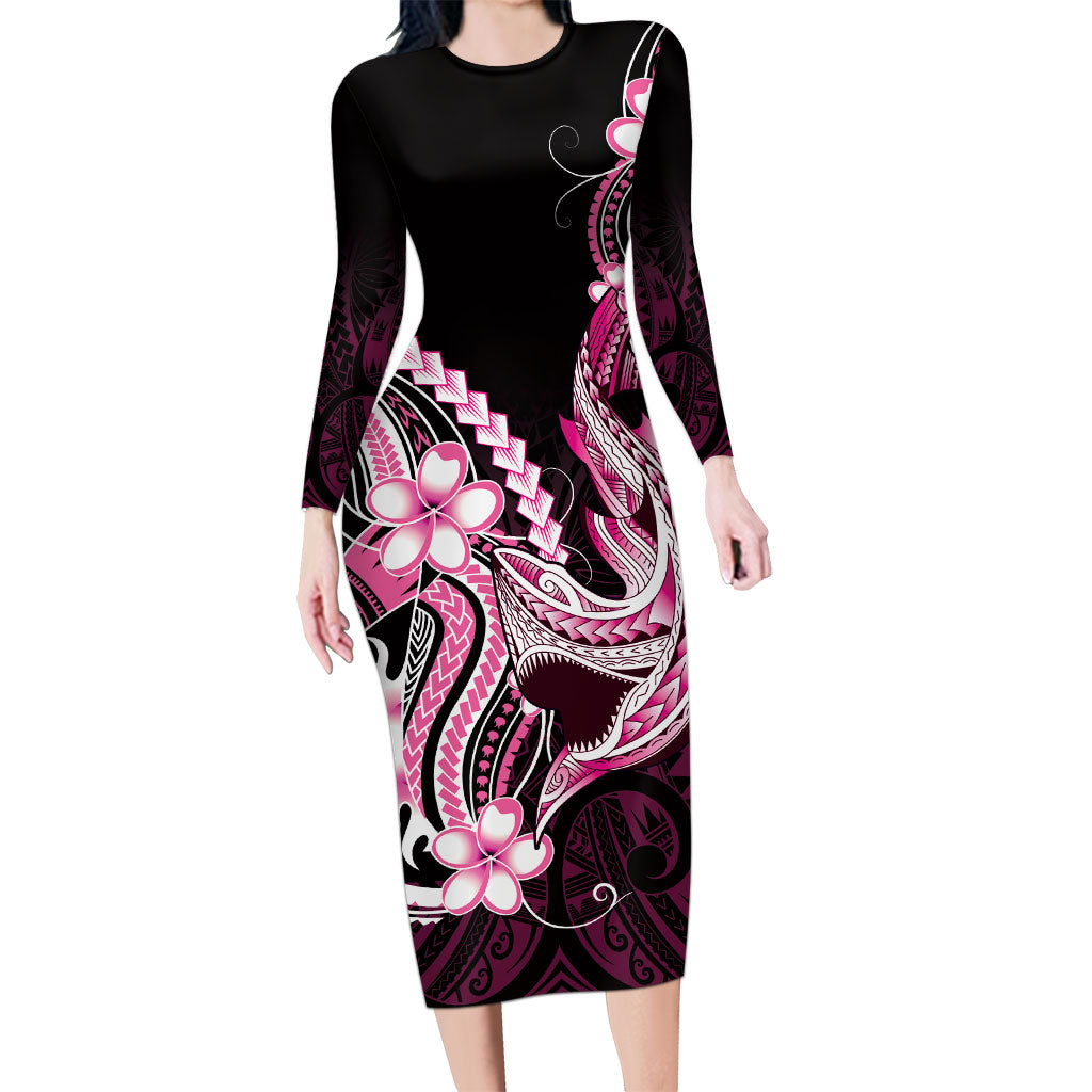 Pink Black Aloha Hawaii Long Sleeve Bodycon Dress Polynesian Shark Tattoo Plumeria
