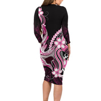 Pink Black Aloha Hawaii Long Sleeve Bodycon Dress Polynesian Shark Tattoo Plumeria