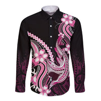 Pink Black Aloha Hawaii Long Sleeve Button Shirt Polynesian Shark Tattoo Plumeria