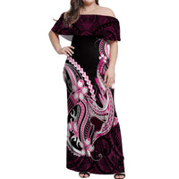 Pink Black Aloha Hawaii Off Shoulder Maxi Dress Polynesian Shark Tattoo Plumeria