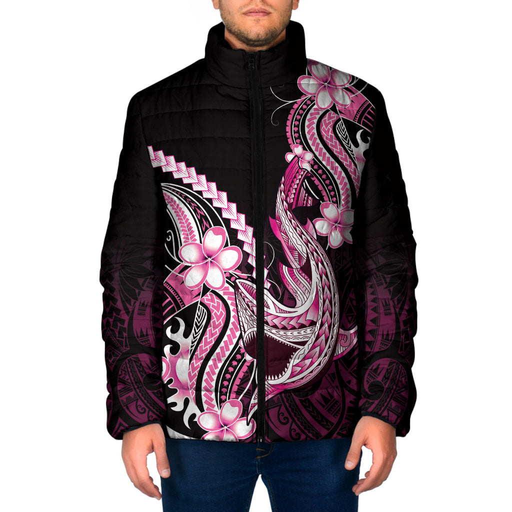 Pink Black Aloha Hawaii Padded Jacket Polynesian Shark Tattoo Plumeria