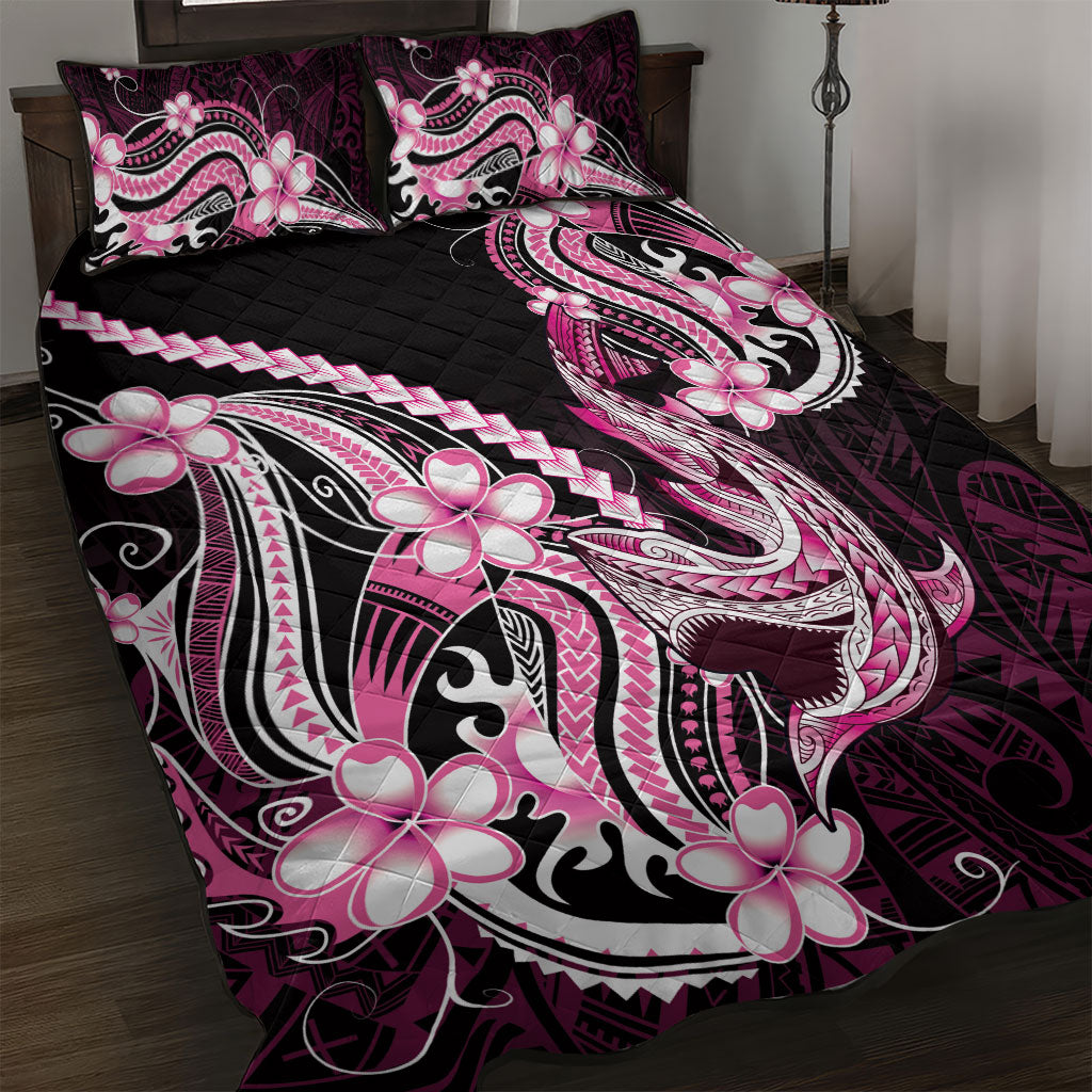 Pink Black Aloha Hawaii Quilt Bed Set Polynesian Shark Tattoo Plumeria