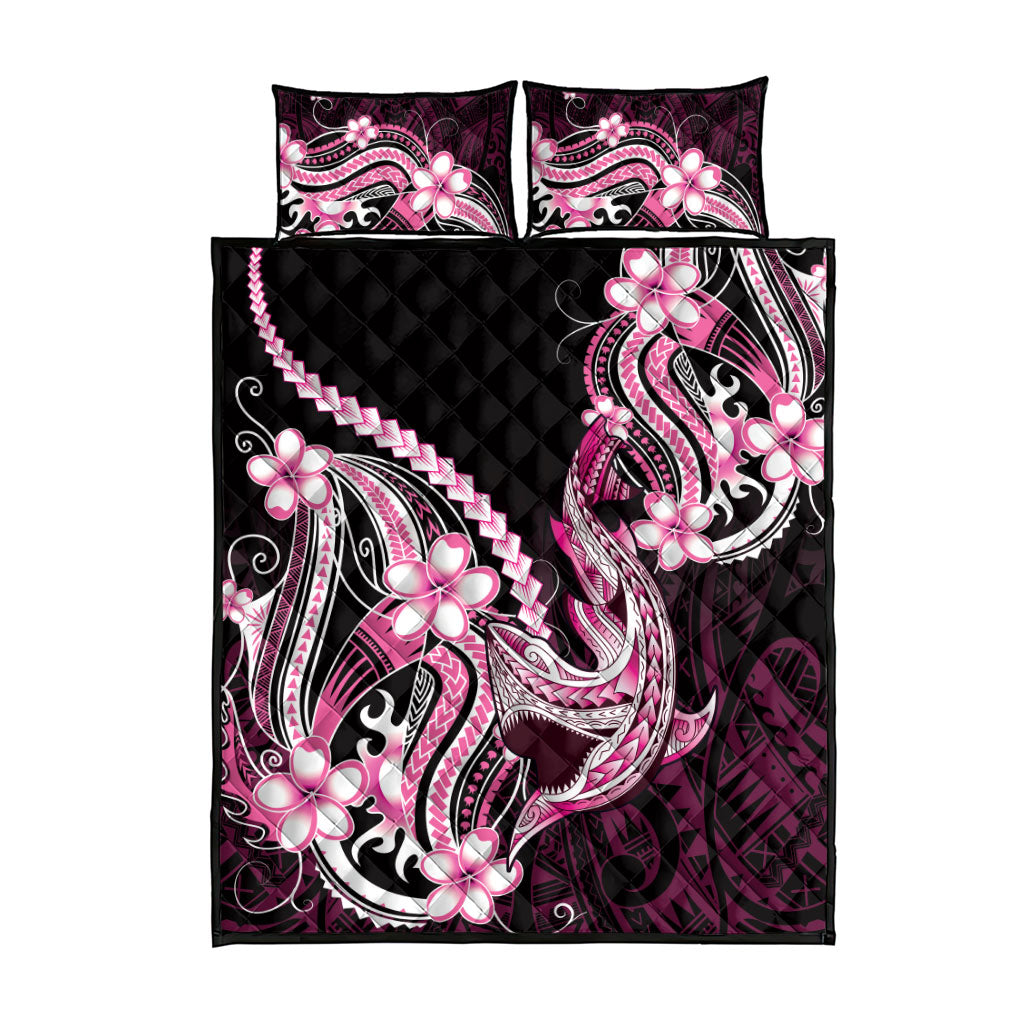 Pink Black Aloha Hawaii Quilt Bed Set Polynesian Shark Tattoo Plumeria