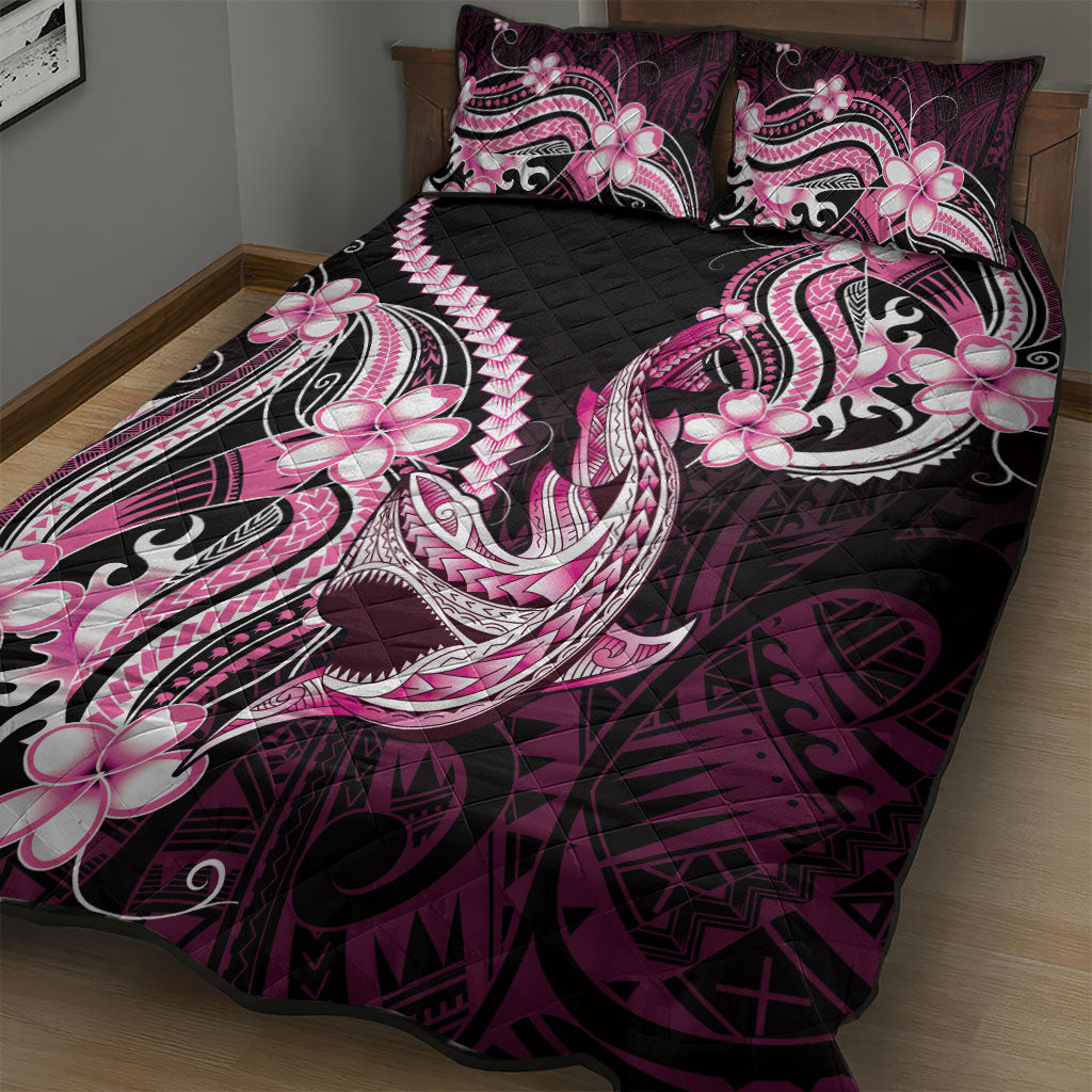 Pink Black Aloha Hawaii Quilt Bed Set Polynesian Shark Tattoo Plumeria