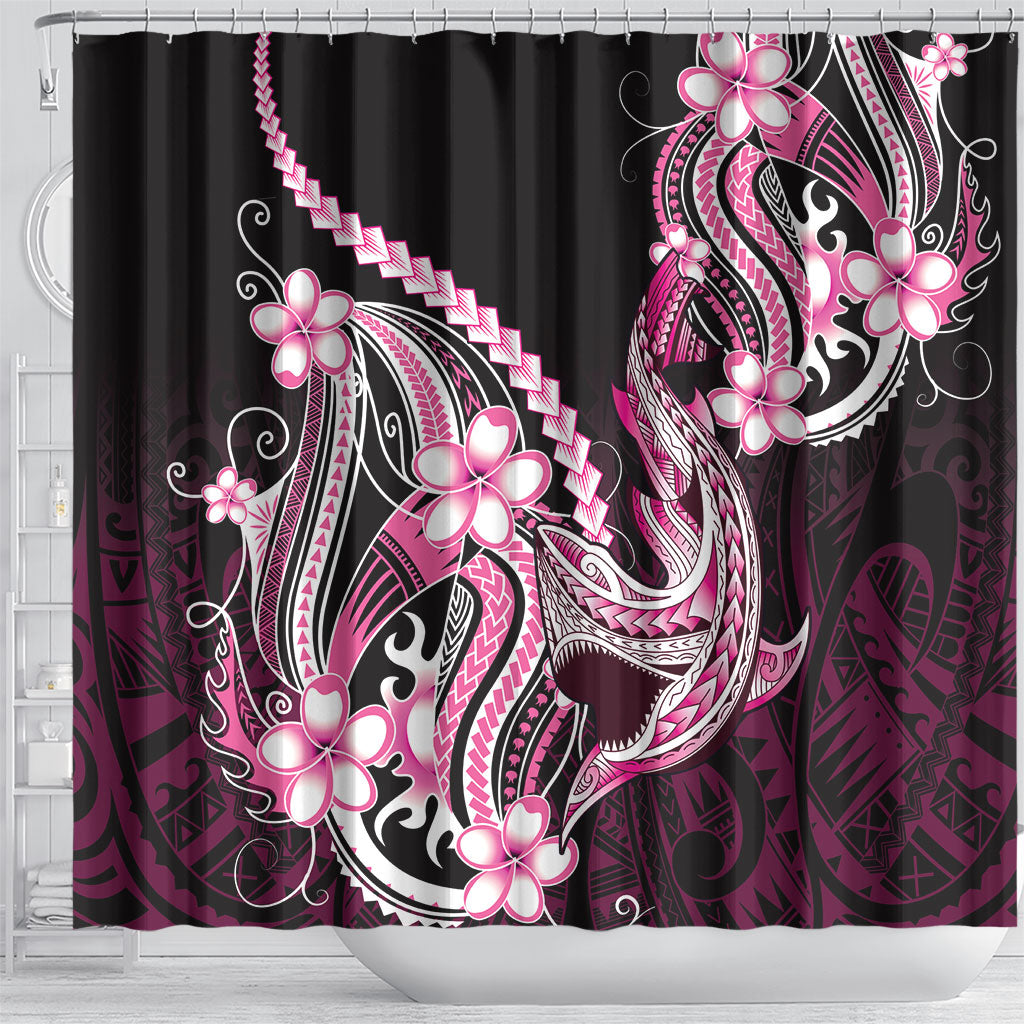 Pink Black Aloha Hawaii Shower Curtain Polynesian Shark Tattoo Plumeria