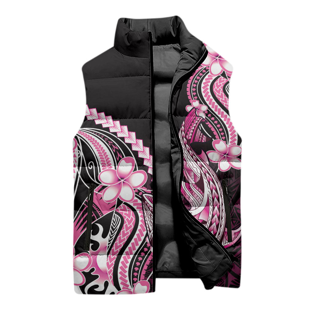 Pink Black Aloha Hawaii Sleeveless Puffer Jacket Polynesian Shark Tattoo Plumeria