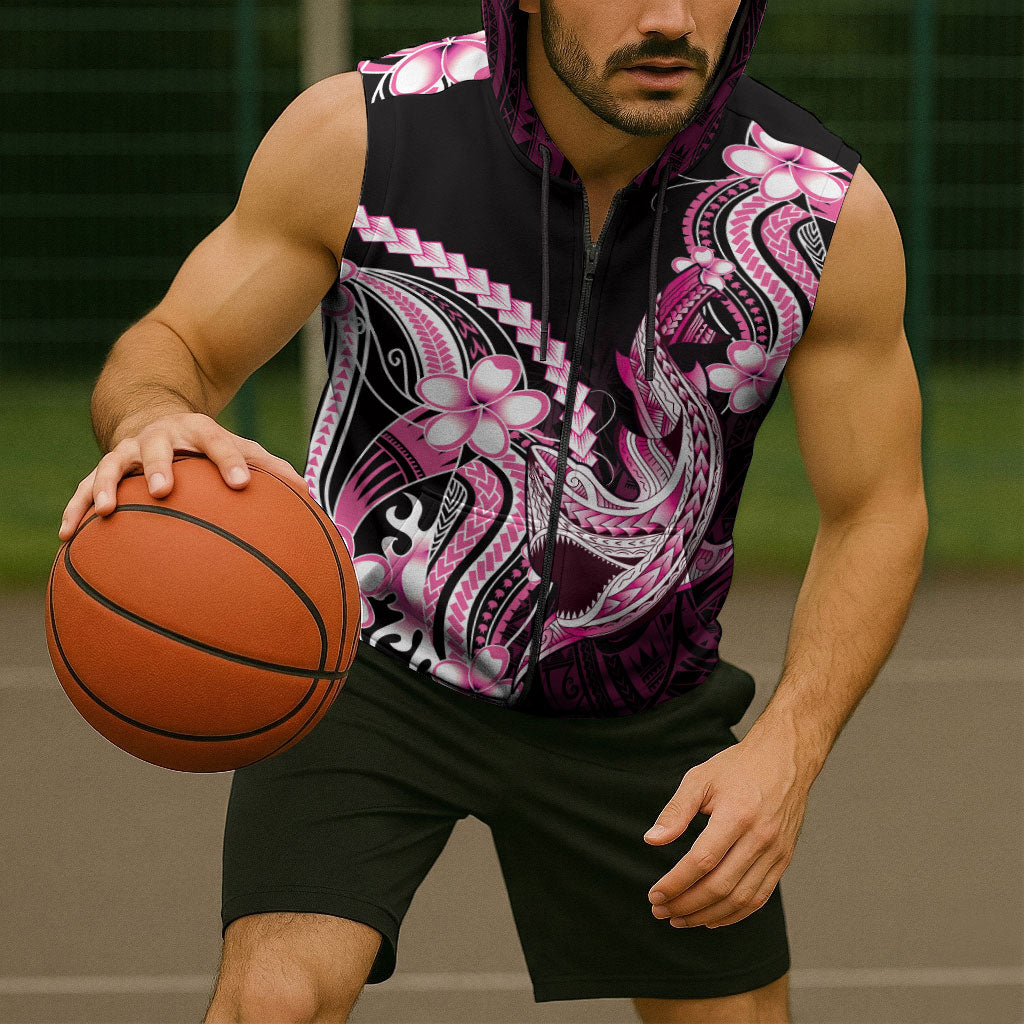Pink Black Aloha Hawaii Sleeveless Zip Hoodie Polynesian Shark Tattoo Plumeria