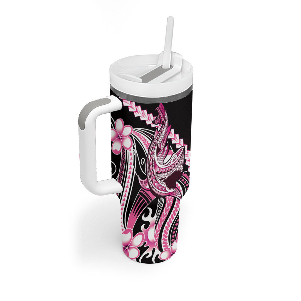 Pink Black Aloha Hawaii Tumbler With Handle Polynesian Shark Tattoo Plumeria