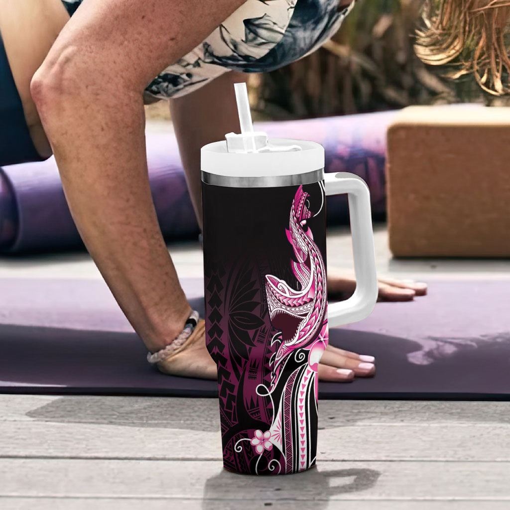 Pink Black Aloha Hawaii Tumbler With Handle Polynesian Shark Tattoo Plumeria