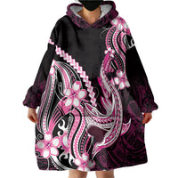 Pink Black Aloha Hawaii Wearable Blanket Hoodie Polynesian Shark Tattoo Plumeria