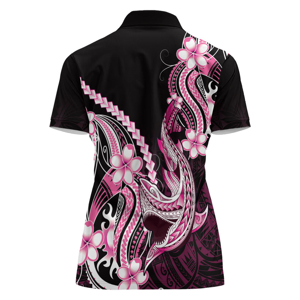Pink Black Aloha Hawaii Women Polo Shirt Polynesian Shark Tattoo Plumeria