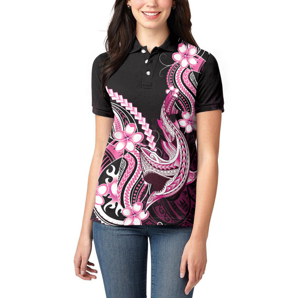 Pink Black Aloha Hawaii Women Polo Shirt Polynesian Shark Tattoo Plumeria
