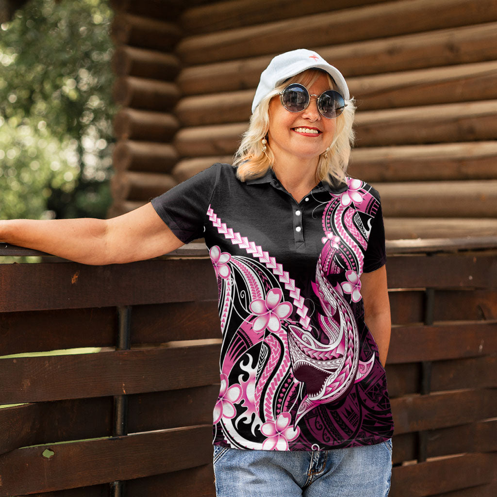 Pink Black Aloha Hawaii Women Polo Shirt Polynesian Shark Tattoo Plumeria