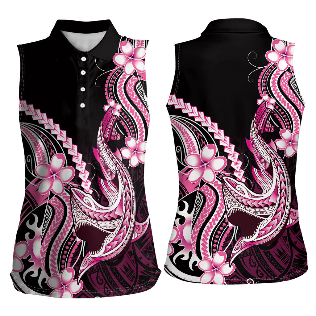 Pink Black Aloha Hawaii Women Sleeveless Polo Shirt Polynesian Shark Tattoo Plumeria