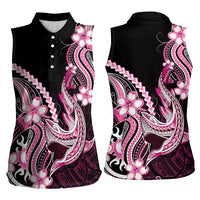 Pink Black Aloha Hawaii Women Sleeveless Polo Shirt Polynesian Shark Tattoo Plumeria