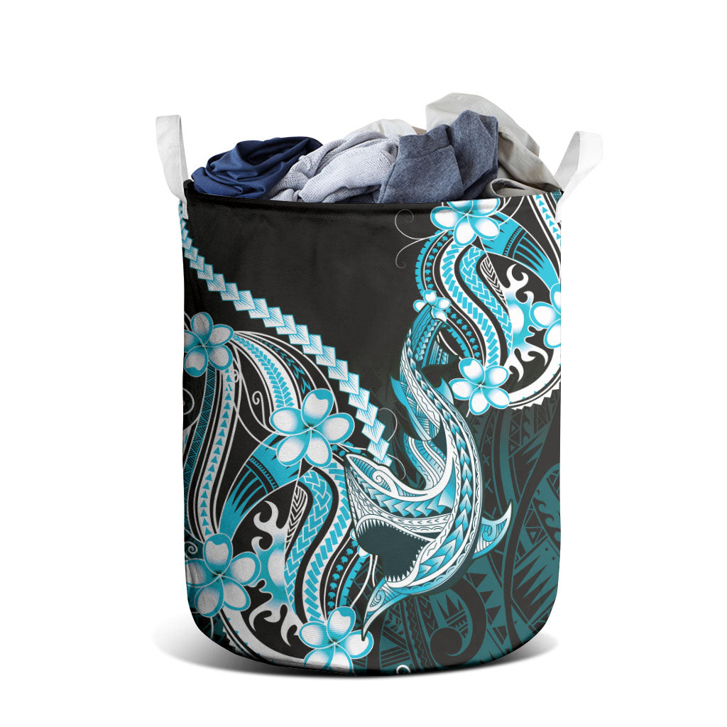 Blue Black Aloha Hawaii Laundry Basket Polynesian Shark Tattoo Plumeria