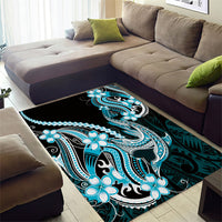Blue Black Aloha Hawaii Area Rug Polynesian Shark Tattoo Plumeria